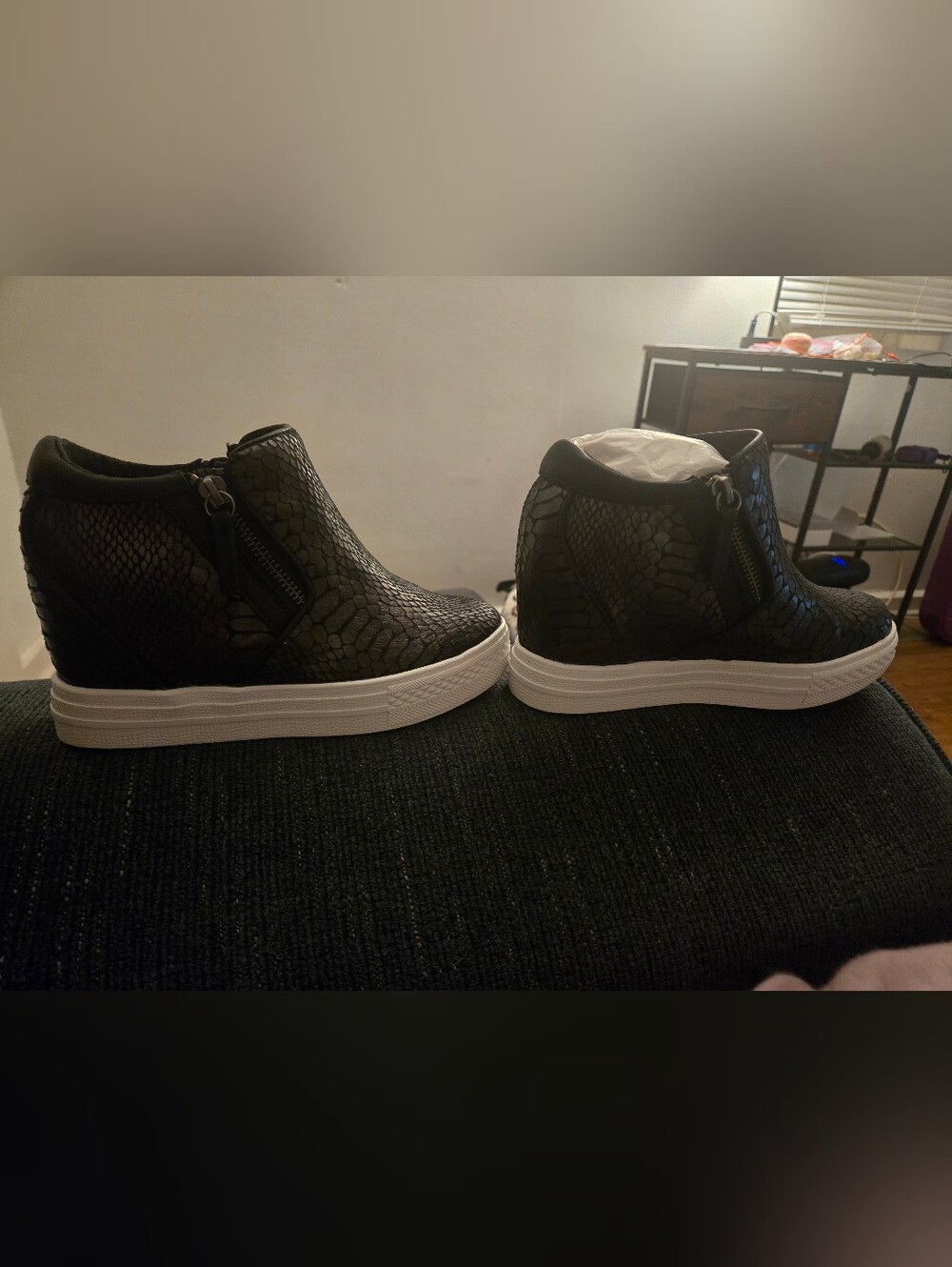Not Rated Black Textured Wedge Sneakers with White Soles